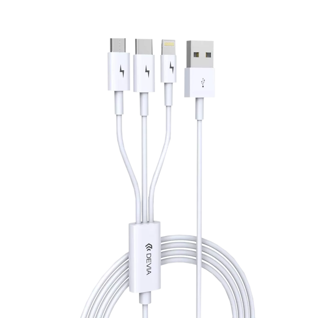 Devia – 1.2m (2.4A) USB to Lightning, USB-C & MicroUSB Cable – White