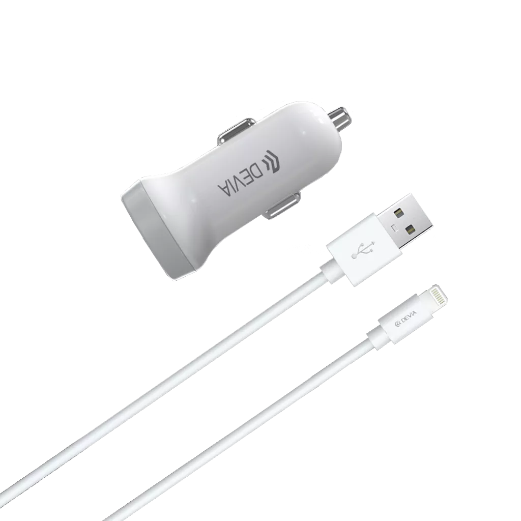 Devia – 3.1A Dual USB Port Car Adapter & 1m Non-MFI Lightning Cable – White