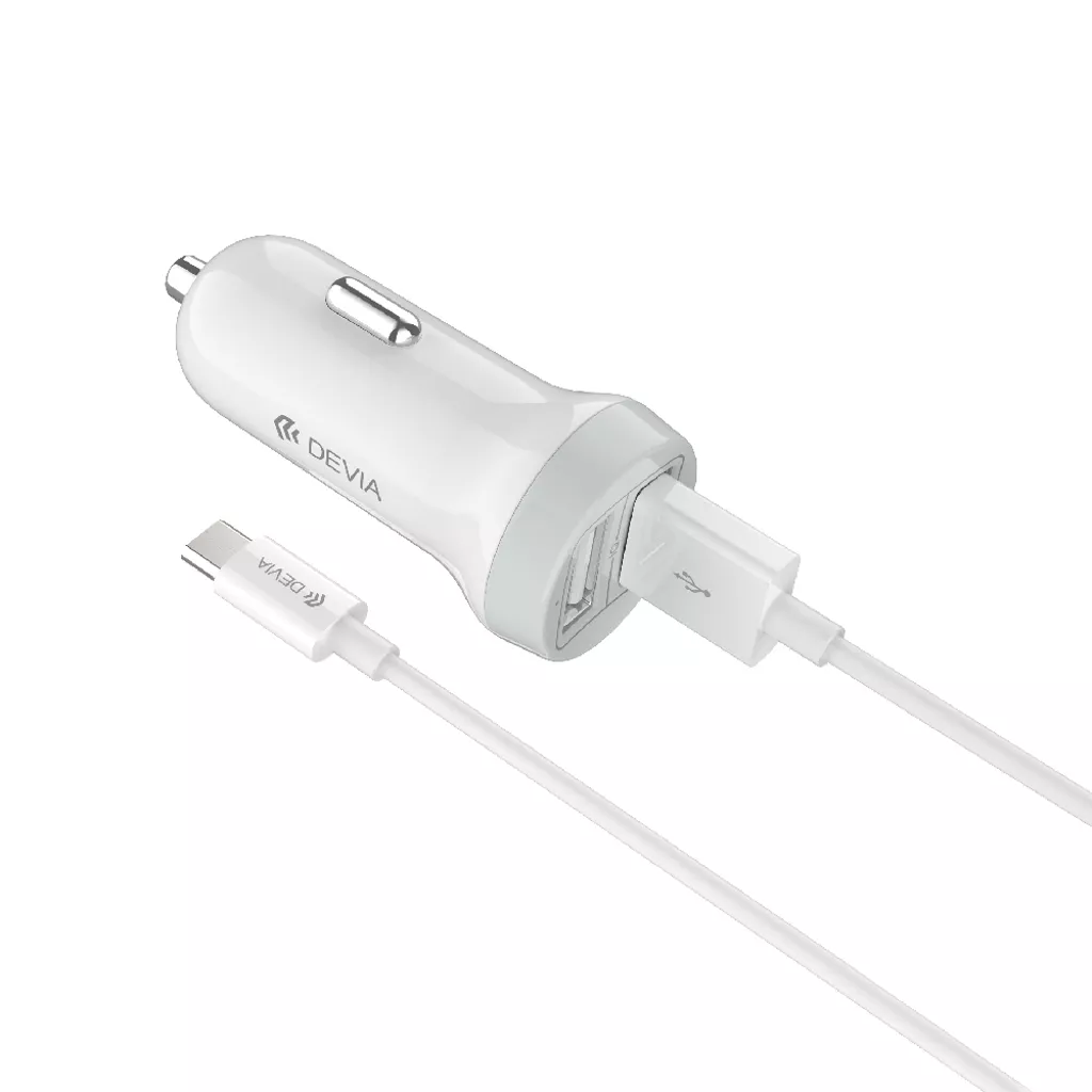 Devia – 3.1A Dual USB Port Car Adapter & 1m USB-C Cable – White