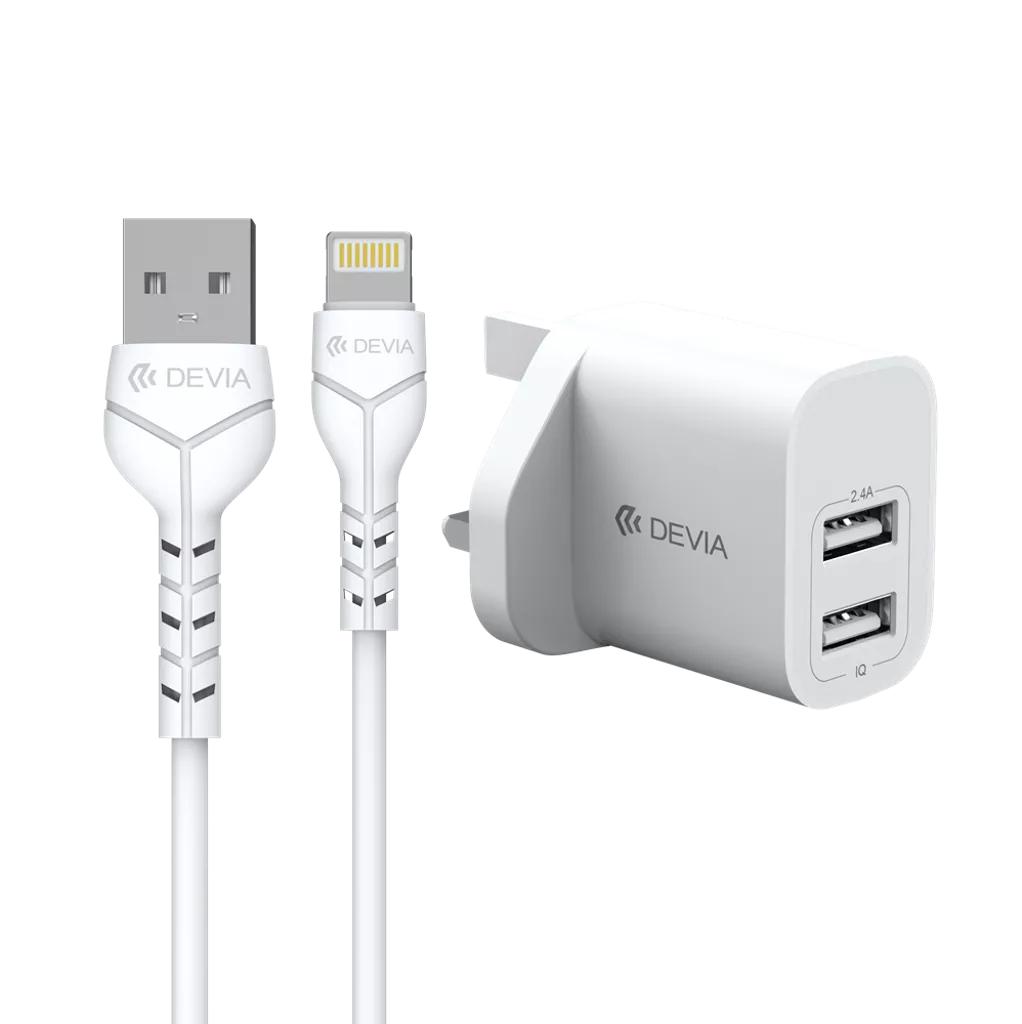 Devia – 2.4A Dual USB Plug & 1m Non-MFI Lightning Cable – White