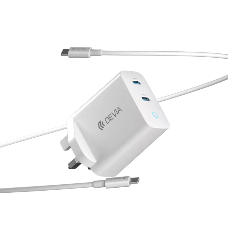 Devia – 45W GaN Dual USB-C 3-Pin UK Charging Plug & 1.5m USB-C to USB-C Cable – White gallery image