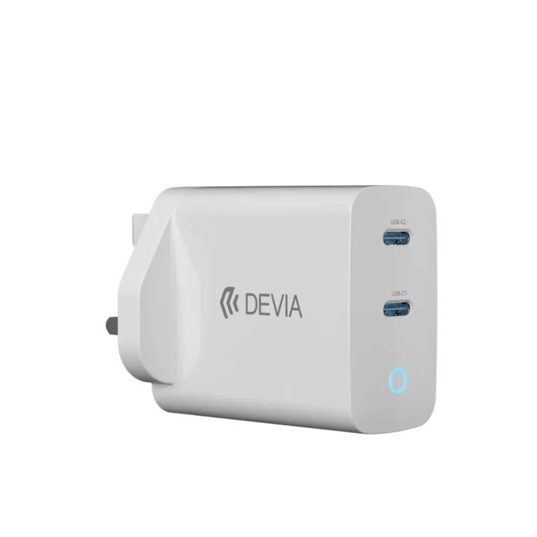 Devia – 45W GaN Dual USB-C 3-Pin UK Charging Plug & 1.5m USB-C to USB-C Cable – White gallery image