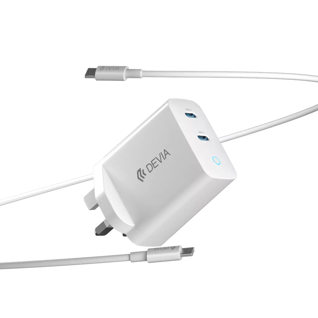 Devia – 45W GaN Dual USB-C 3-Pin UK Charging Plug & 1.5m USB-C to USB-C Cable – White