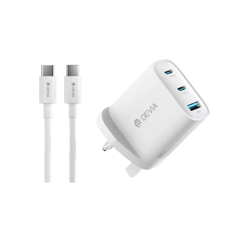 Devia – 65W GaN USB-C PD & QC4.0 3-Pin UK Mini Charging Plug & 1.5m 100W USB-C to USB-C Cable – White gallery image