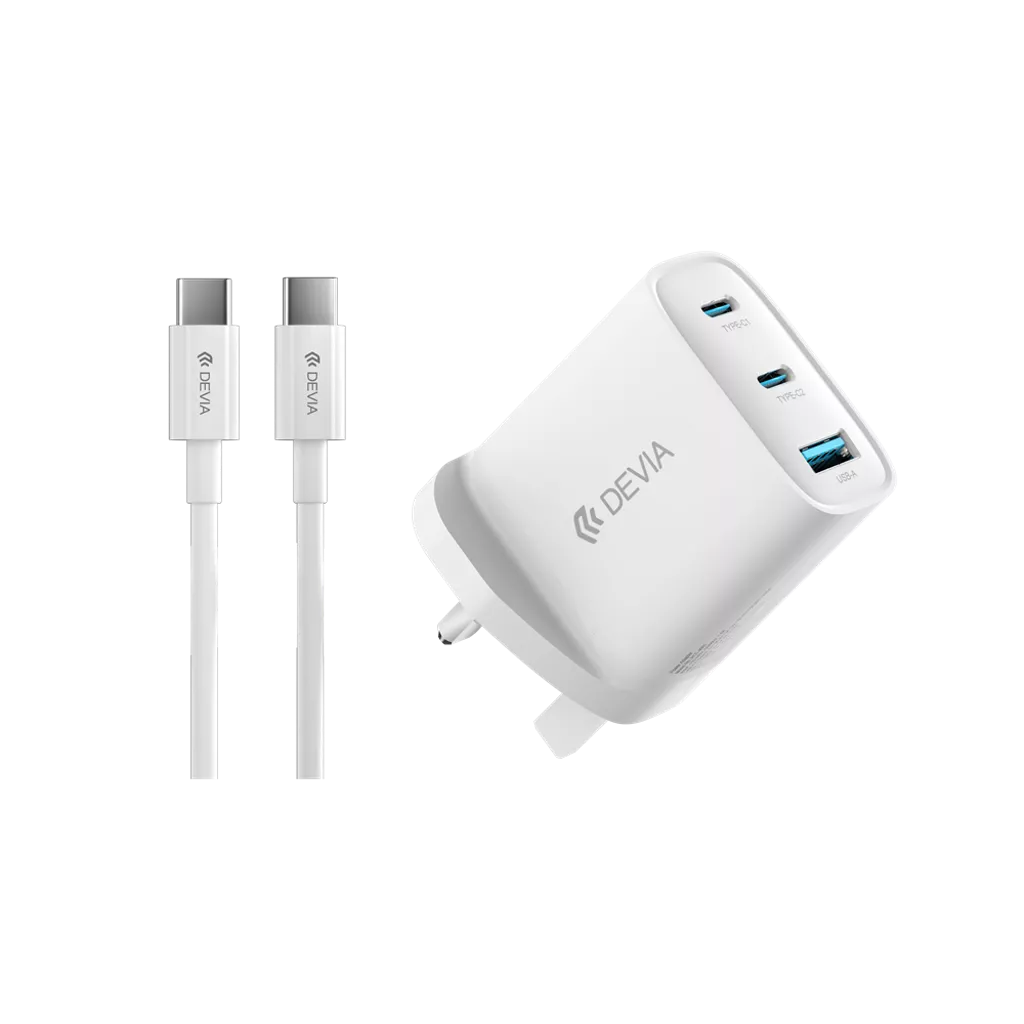 Devia – 65W GaN USB-C PD & QC4.0 3-Pin UK Mini Charging Plug & 1.5m 100W USB-C to USB-C Cable – White