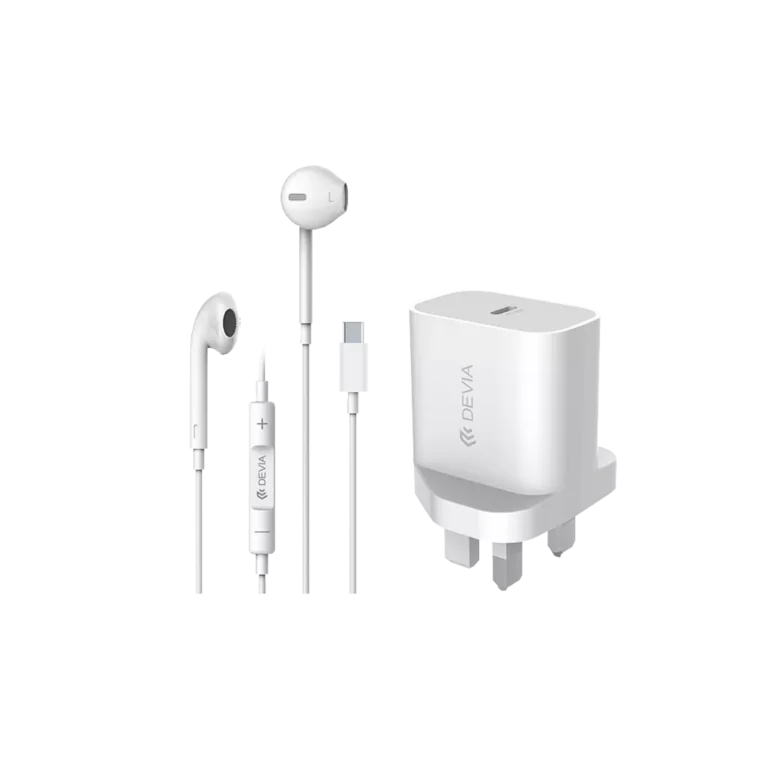 Devia – Bundle Pack – 20W USB-C 3-Pin UK Plug & USB-C Earphones – White gallery image