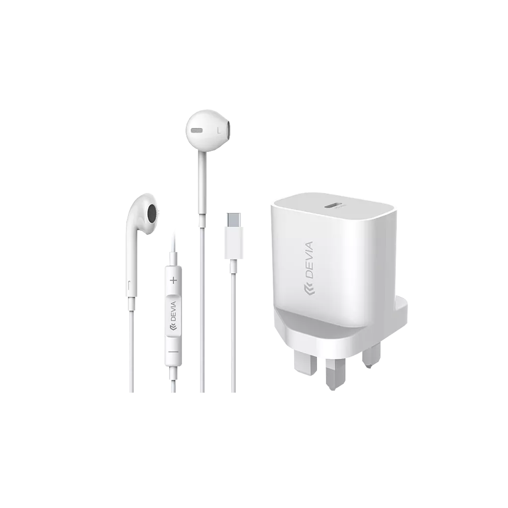 Devia – Bundle Pack – 20W USB-C 3-Pin UK Plug & USB-C Earphones – White