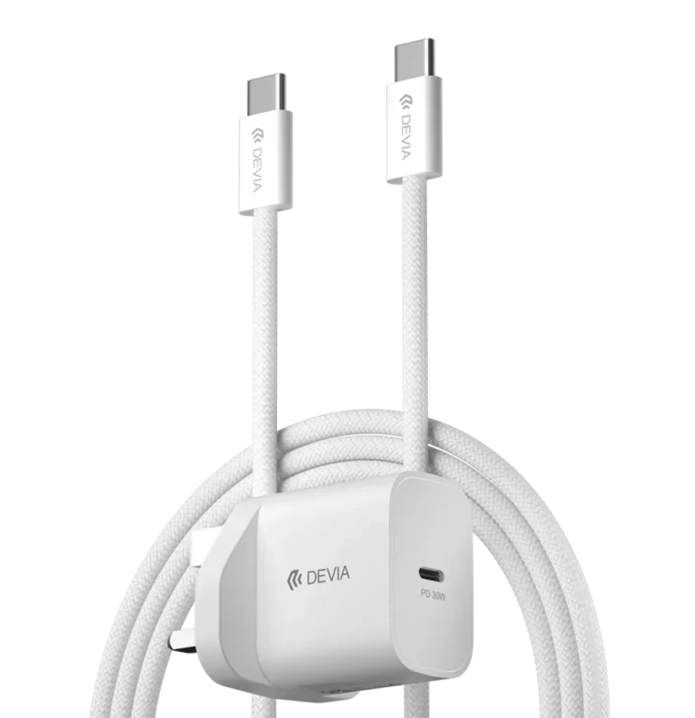 Devia – 30W GaN USB-C 3-Pin UK Charging Plug & 1.2m USB-C to USB-C Cable – White gallery image