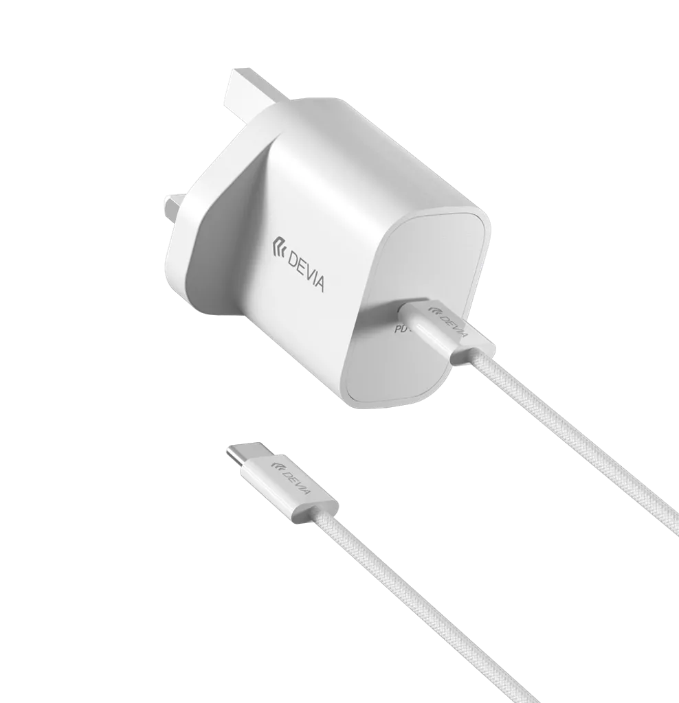 Devia – 30W GaN USB-C 3-Pin UK Charging Plug & 1.2m USB-C to USB-C Cable – White