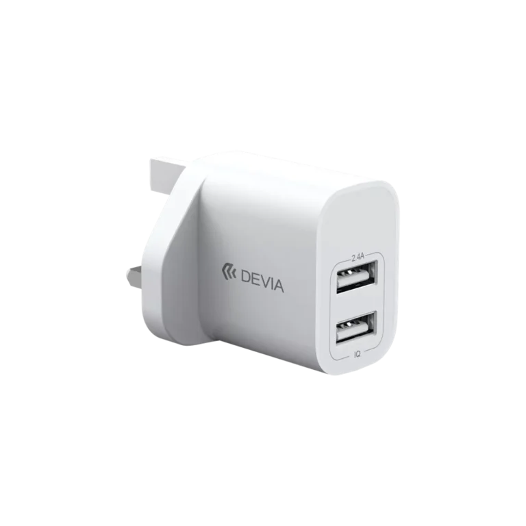 Devia – 2.4A Dual USB 3-Pin UK Charging Plug – White gallery image
