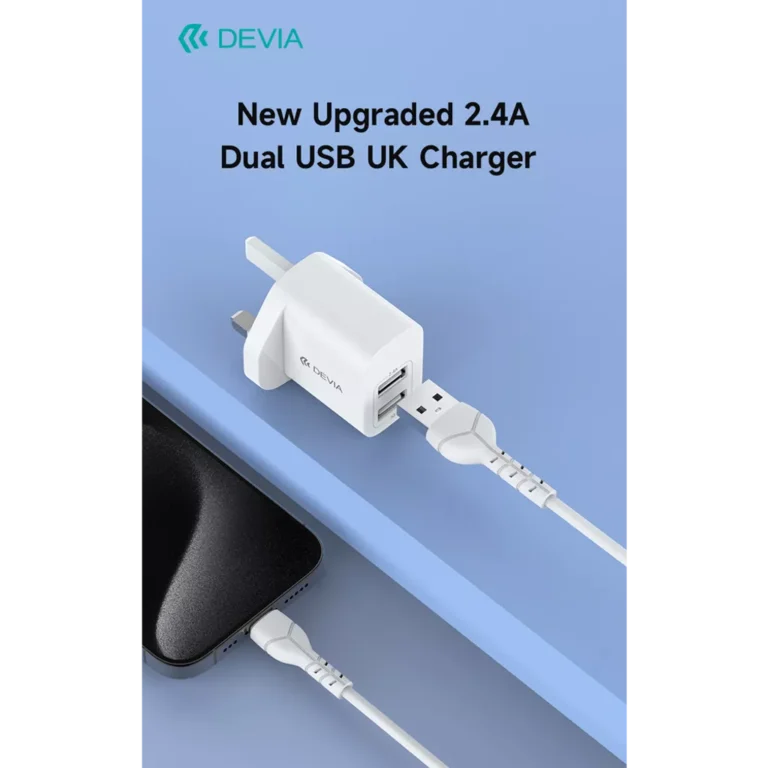 Devia – 2.4A Dual USB 3-Pin UK Charging Plug – White gallery image
