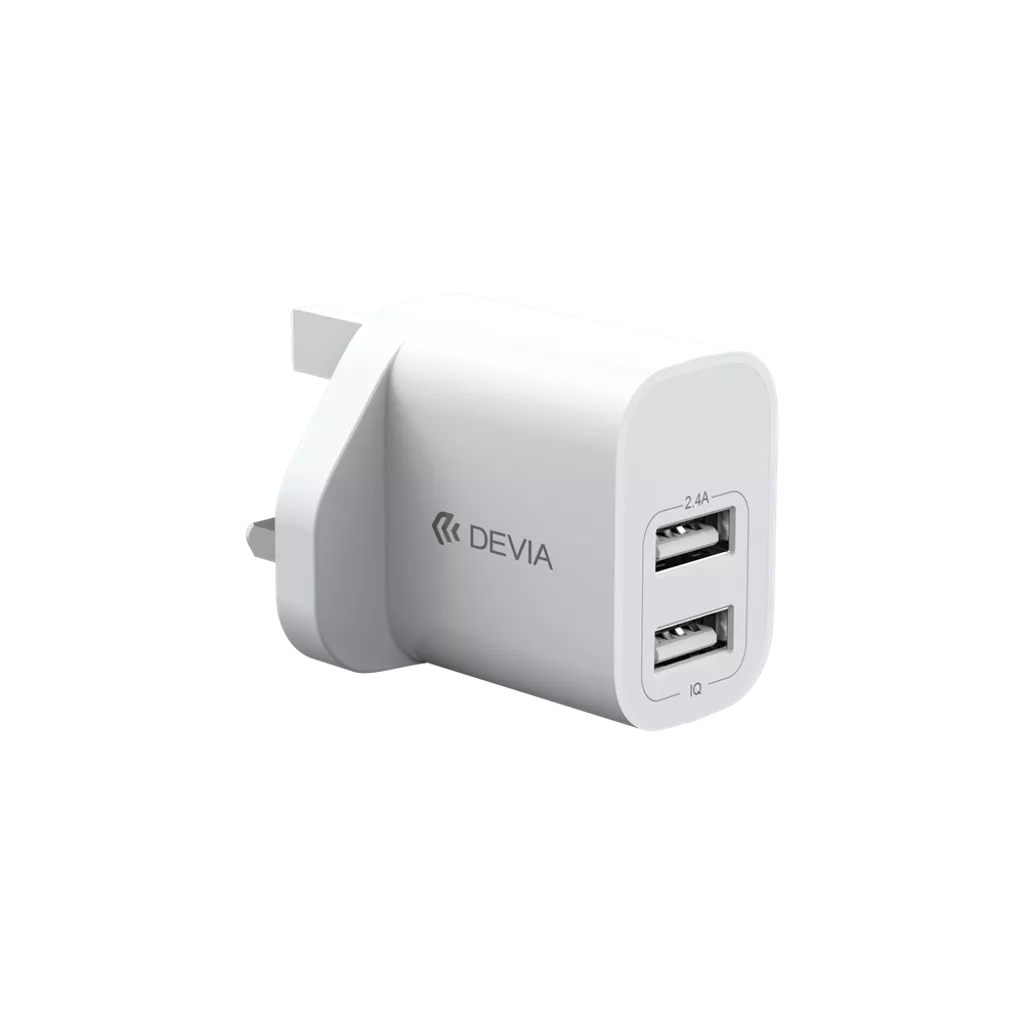 Devia – 2.4A Dual USB 3-Pin UK Charging Plug – White