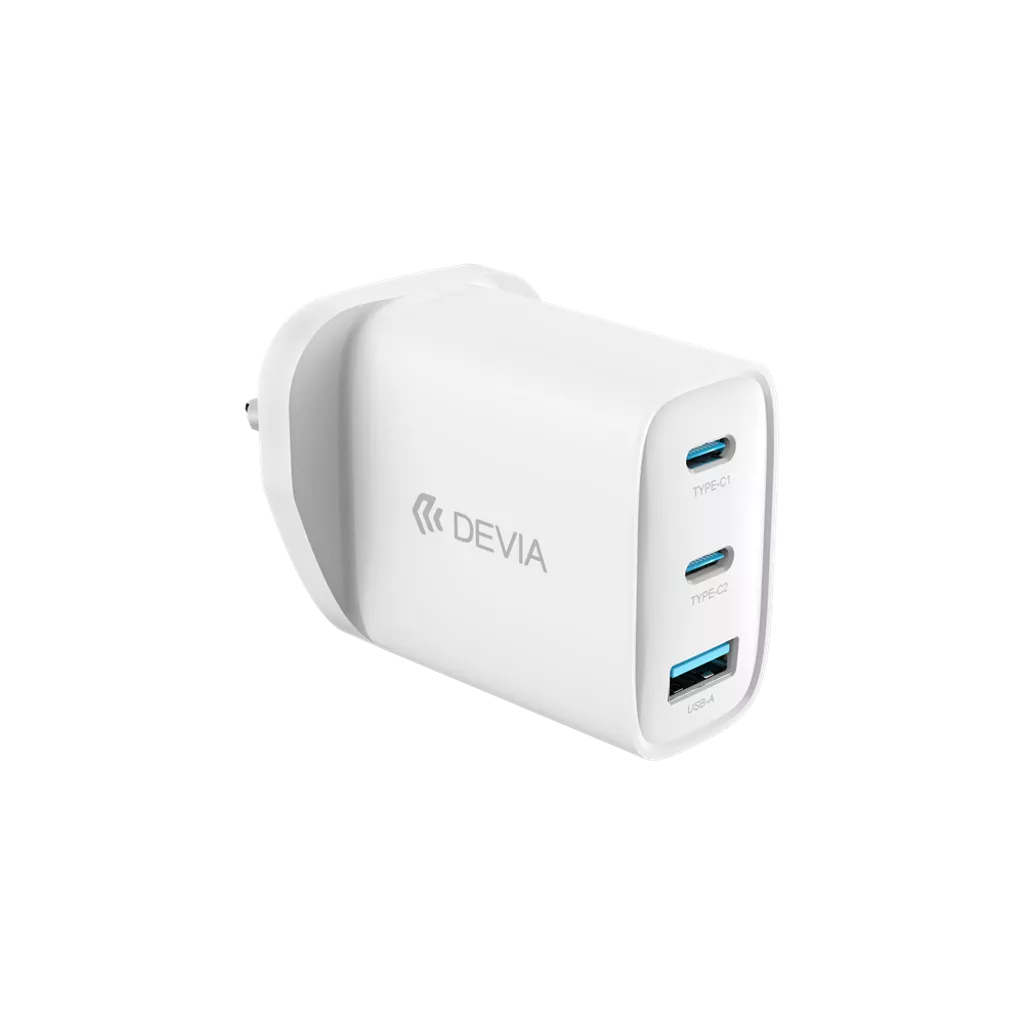 Devia – 65W GaN USB-C PD & QC4.0 3-Pin UK Mini Charging Plug – White