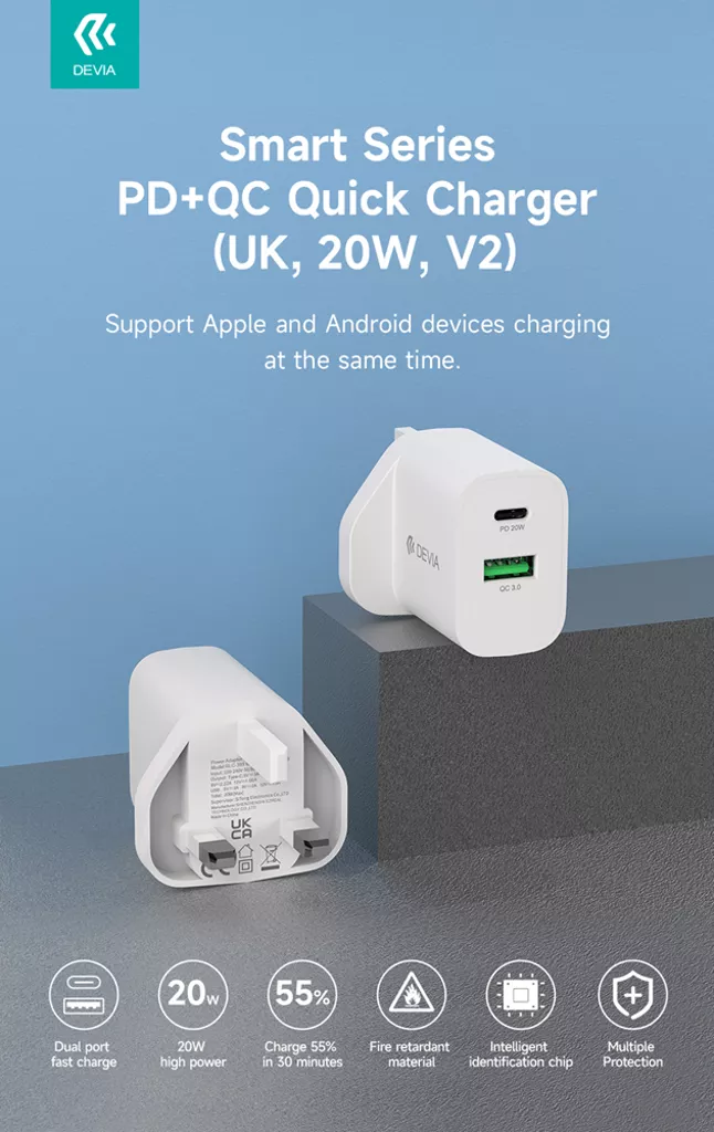 Devia – 20W Dual USB-C Power Delivery & USB Qualcomm 3-Pin UK Charging Plug – White gallery image