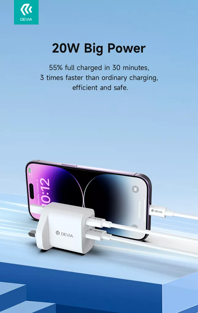 Devia – 20W Dual USB-C Power Delivery & USB Qualcomm 3-Pin UK Charging Plug – White gallery image