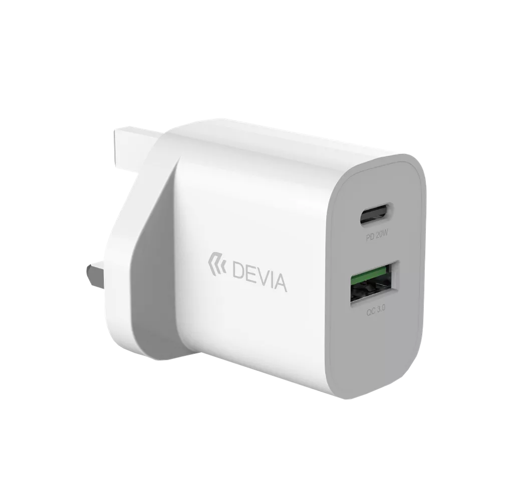 Devia – 20W Dual USB-C Power Delivery & USB Qualcomm 3-Pin UK Charging Plug – White