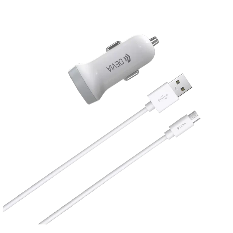 Devia – 3.1A Dual USB Port Car Adapter & 1m MicroUSB Cable – White gallery image