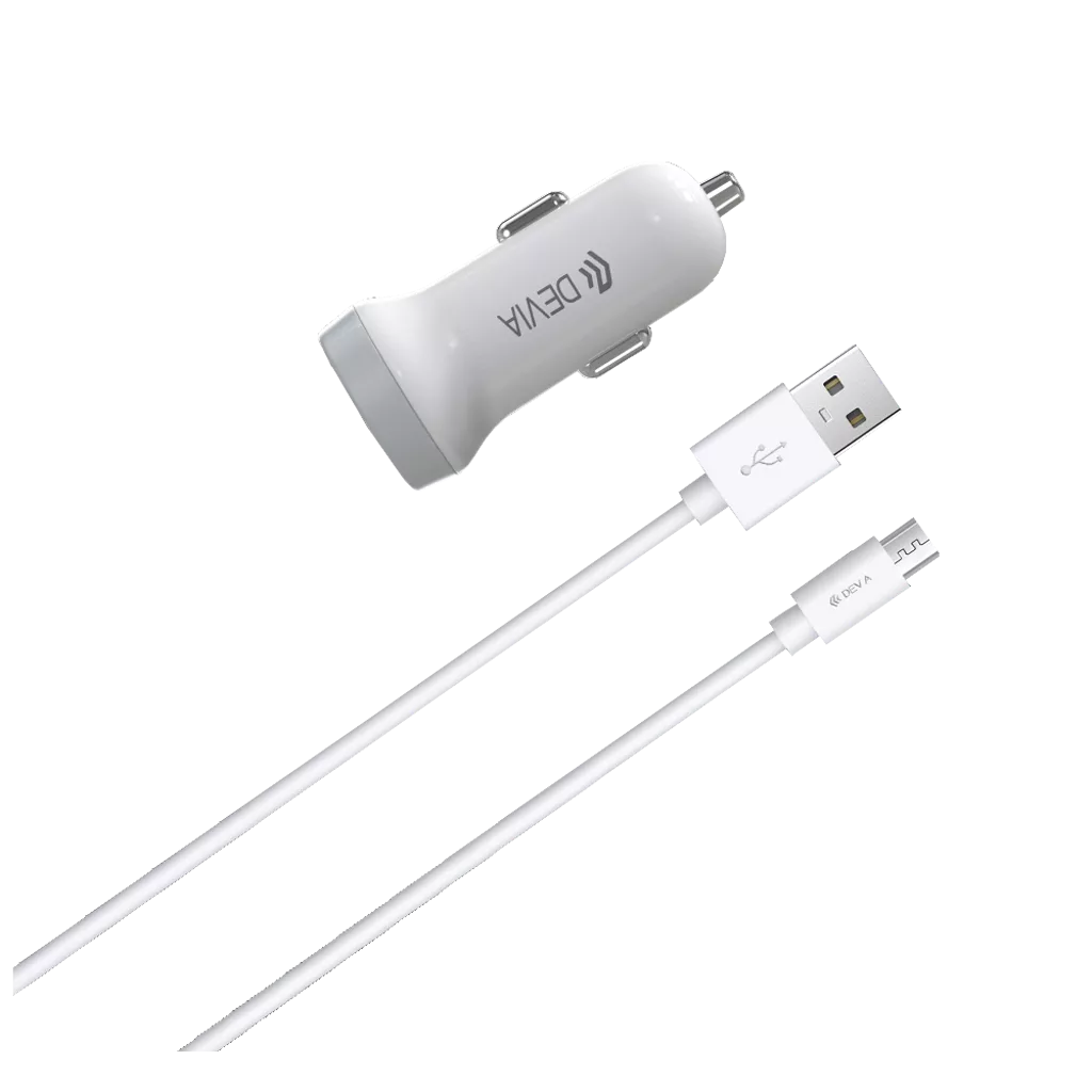Devia – 3.1A Dual USB Port Car Adapter & 1m MicroUSB Cable – White