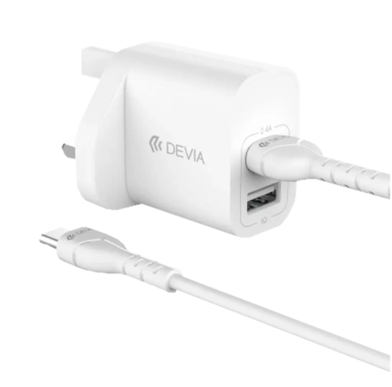 Devia – 2.4A Dual USB Plug & 1m USB-C Cable – White