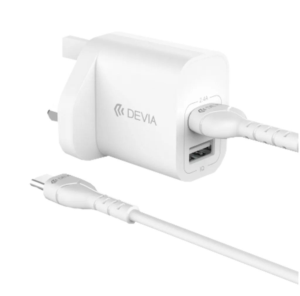 Devia – 2.4A Dual USB Plug & 1m USB-C Cable – White
